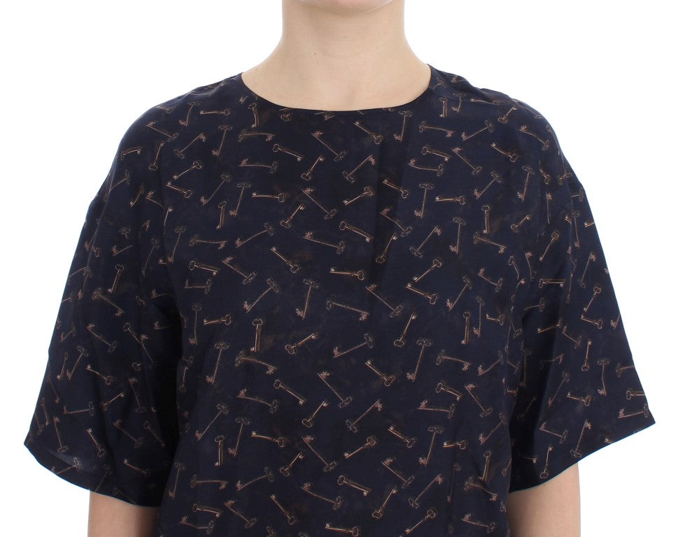 Blau-goldene Seidenbluse mit Schlüsseldruck