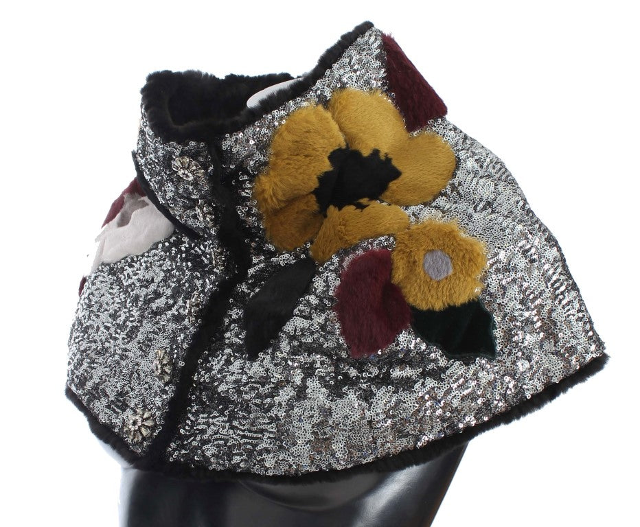 Silberner, paillettenbesetzter, floraler Wiesel-Pelz-Schultertuch-Wickelschal