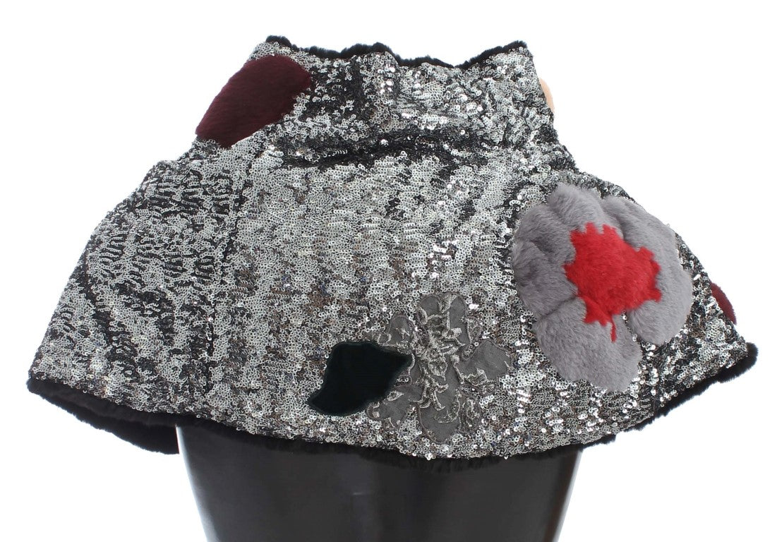 Silberner, paillettenbesetzter, floraler Wiesel-Pelz-Schultertuch-Wickelschal