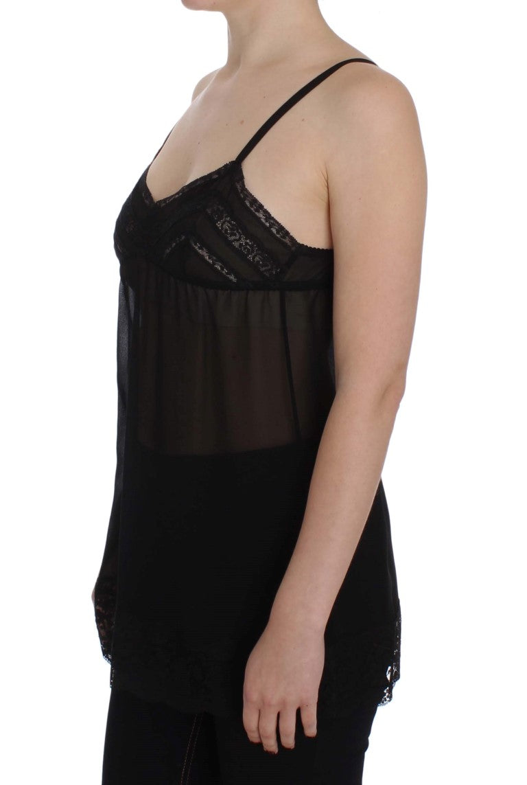 Schwarzes Seidenunterwäsche-Top mit floraler Spitze