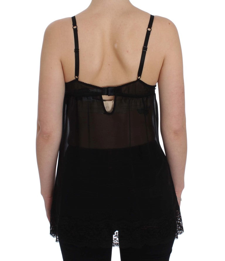 Schwarzes Seidenunterwäsche-Top mit floraler Spitze