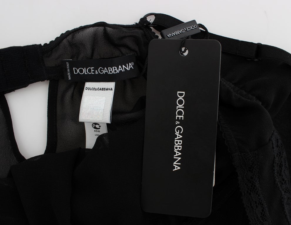 Schwarzes Seidenunterwäsche-Top mit floraler Spitze