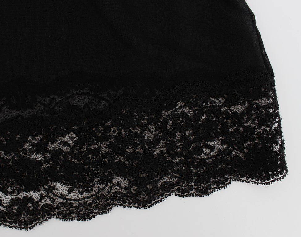 Schwarzes Seidenunterwäsche-Top mit floraler Spitze