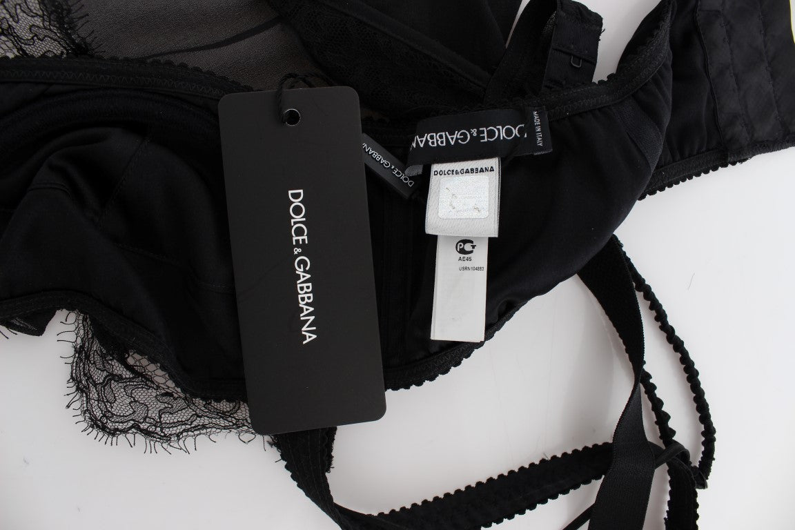 Schwarzes Seidenunterwäsche-Top mit floraler Spitze