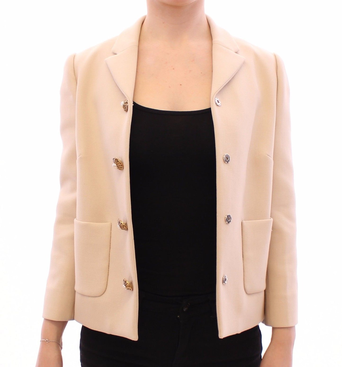 Beige Wolle Perle Knopf Jacke Blazer Mantel