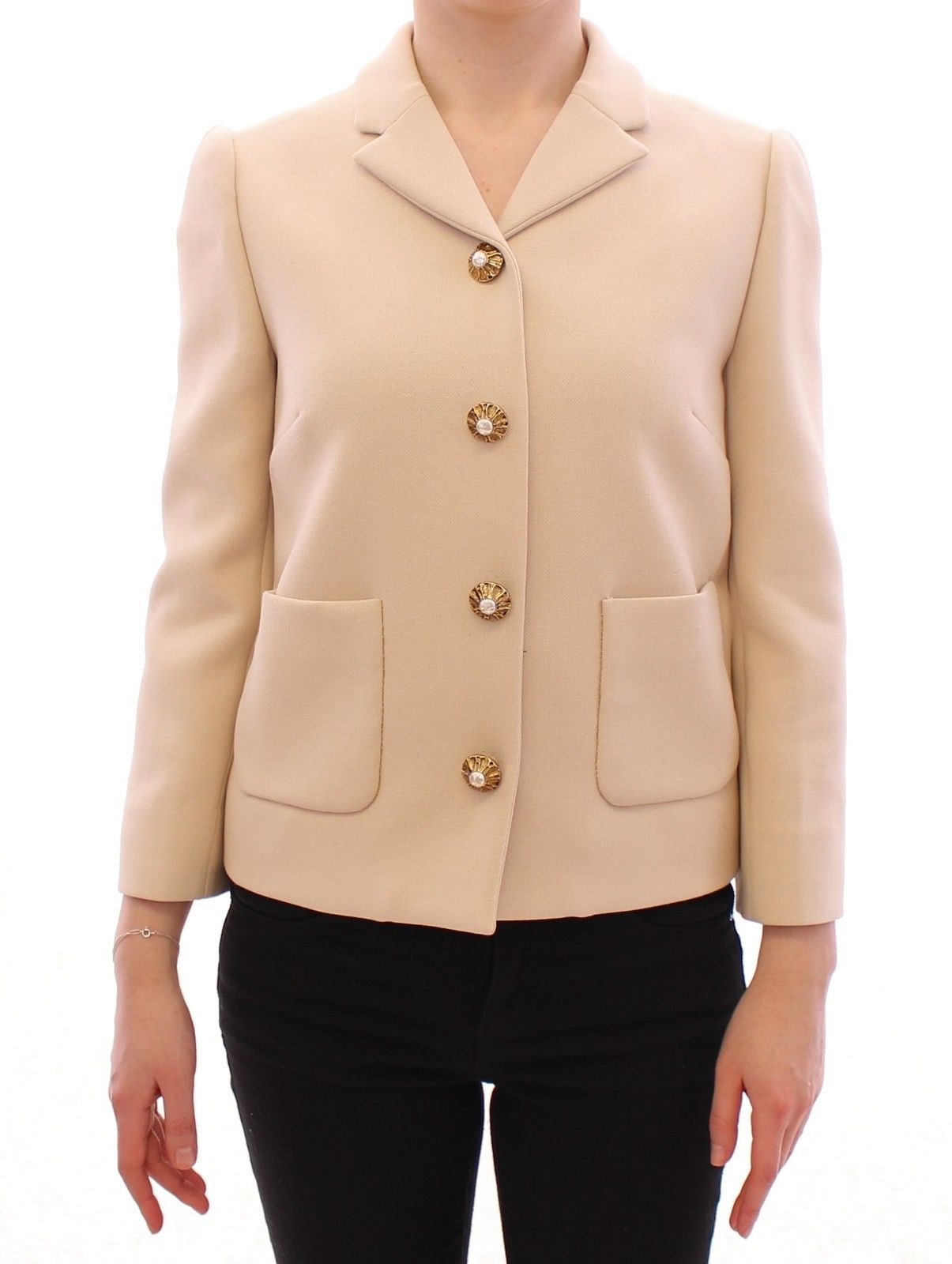 Beige Wolle Perle Knopf Jacke Blazer Mantel