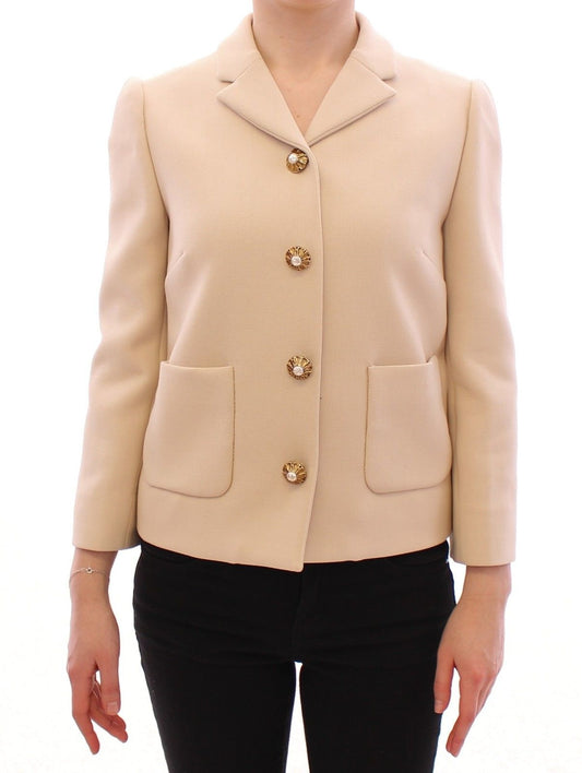 Beige Wolle Perle Knopf Jacke Blazer Mantel