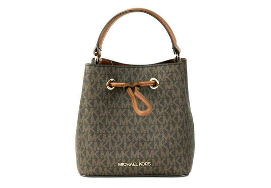 Suri Small Leather Bucket Crossbody Drawstring Hobo Handtasche (Brown Signature)