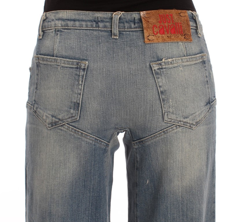 Blau gewaschene Jeans mit weitem Bein aus einer Baumwollmischung