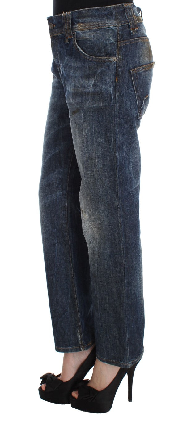 Blaue Baumwoll-Boyfriend-Fit-Cropped-Jeans mit Waschung