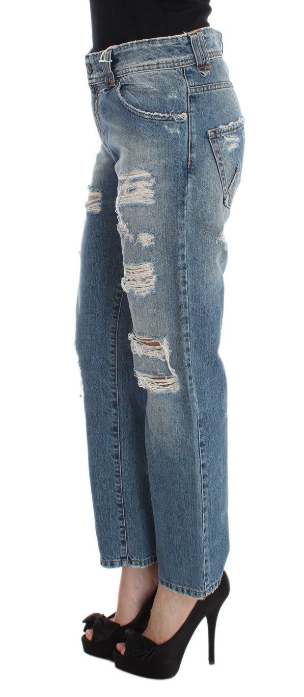 Blaue Baumwoll-Boyfriend-Fit-Cropped-Jeans mit Waschung