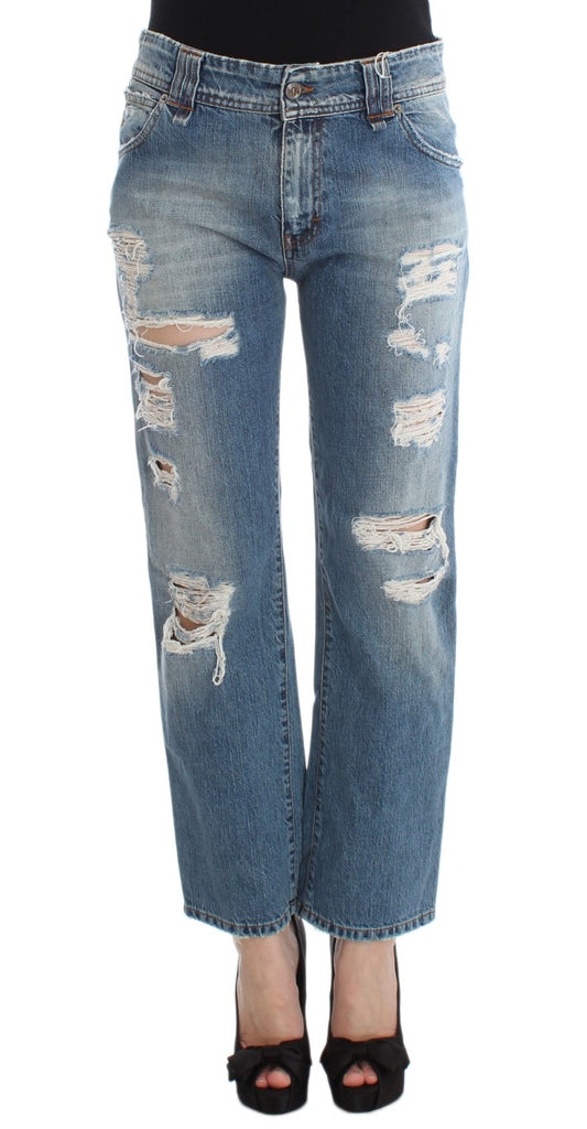 Blaue Baumwoll-Boyfriend-Fit-Cropped-Jeans mit Waschung