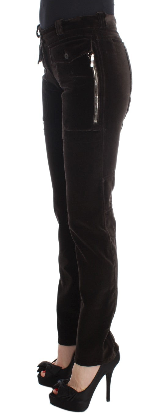 Braun Baumwolle Samt Zipper Slim Fit Hose