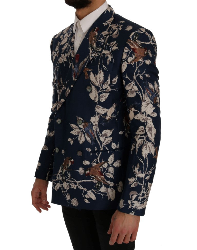 Blaue Seidenblaue Blazerjacke mit Vogeldruck