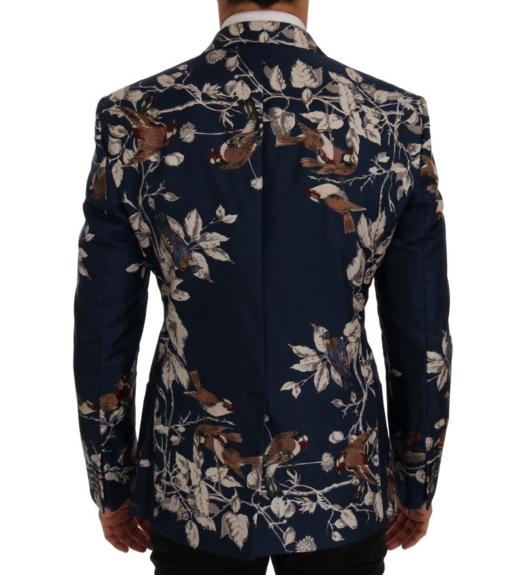 Blaue Seidenblaue Blazerjacke mit Vogeldruck