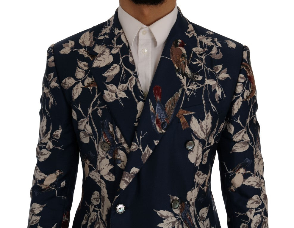 Blaue Seidenblaue Blazerjacke mit Vogeldruck