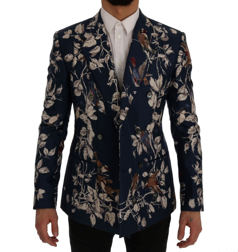 Blaue Seidenblaue Blazerjacke mit Vogeldruck