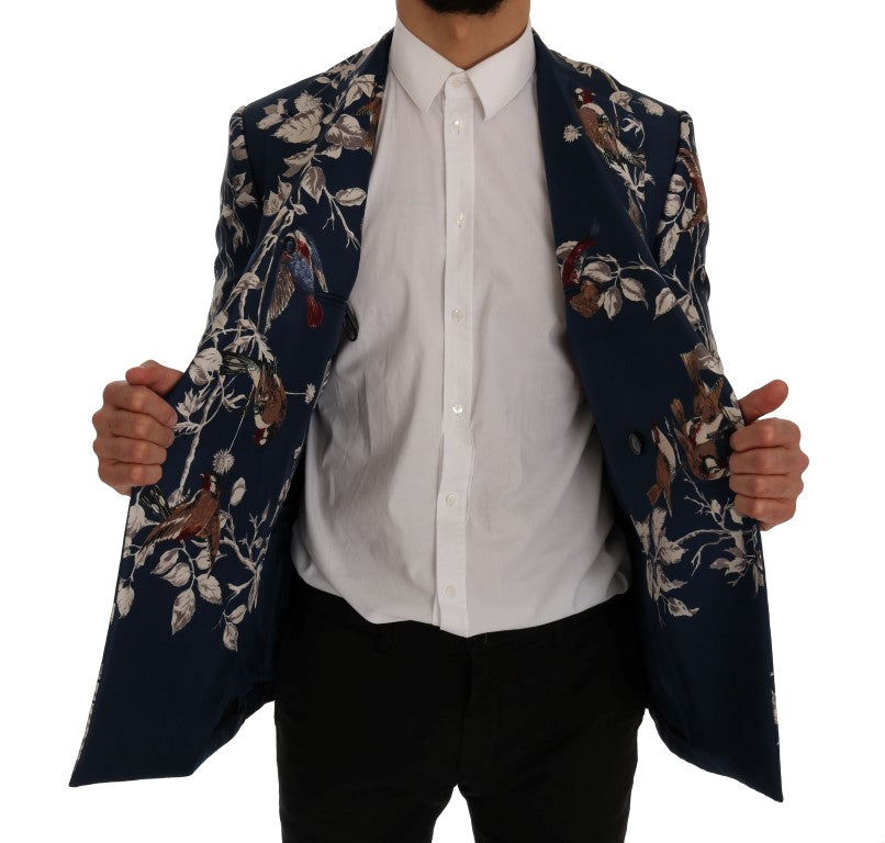 Blaue Seidenblaue Blazerjacke mit Vogeldruck