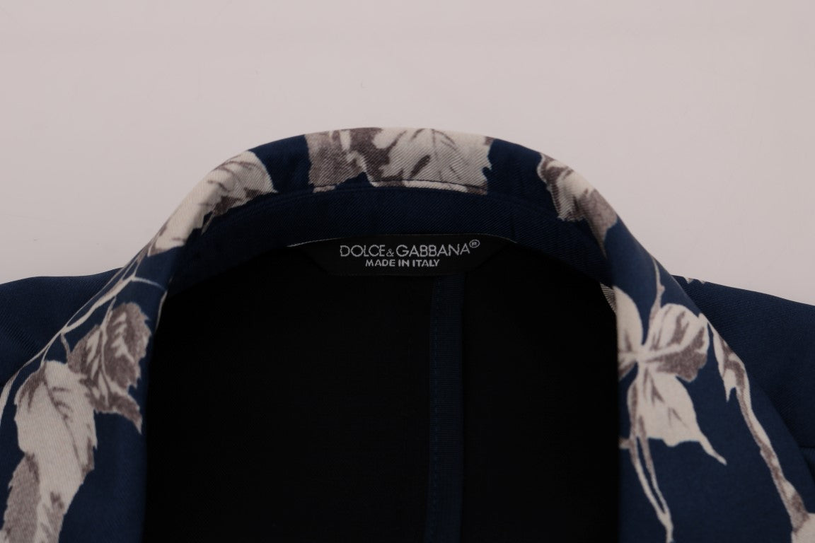 Blaue Seidenblaue Blazerjacke mit Vogeldruck