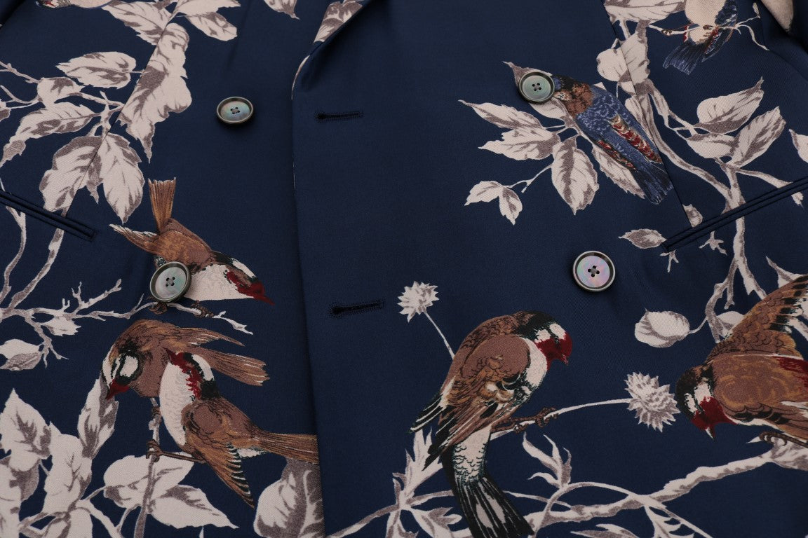 Blaue Seidenblaue Blazerjacke mit Vogeldruck
