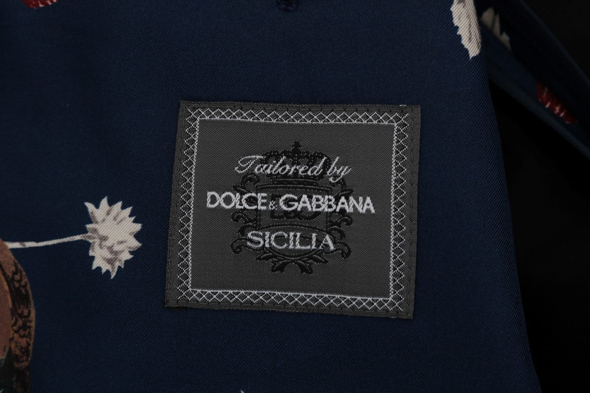 Blaue Seidenblaue Blazerjacke mit Vogeldruck