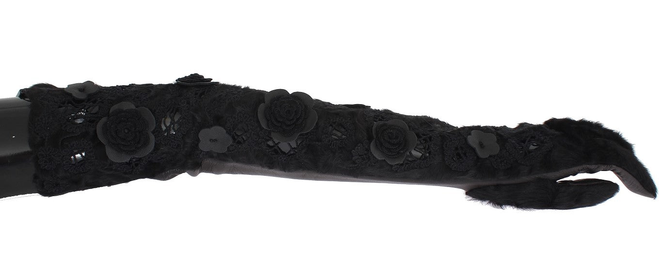 Schwarzes Leder Floral Xiangao Pelz Handschuhe