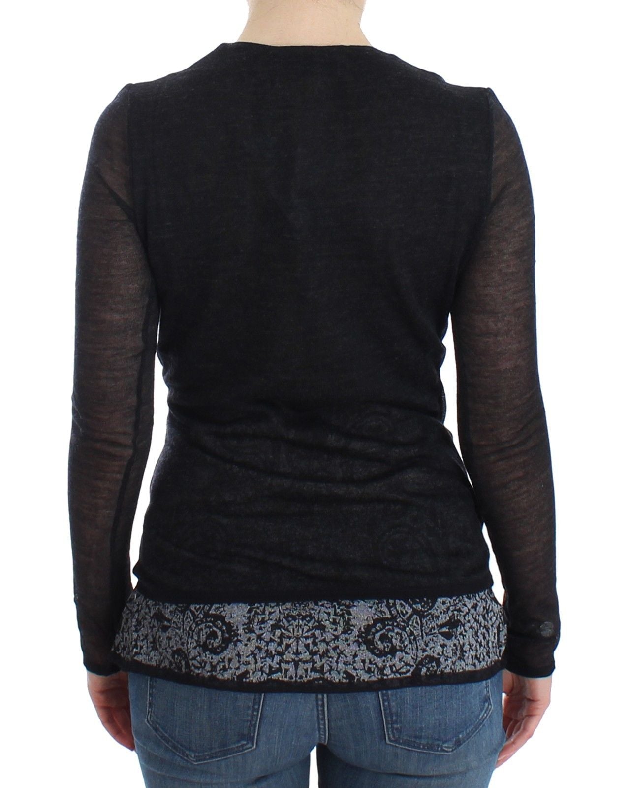 Schwarzer Wollmischung Stretch-Langarmpullover