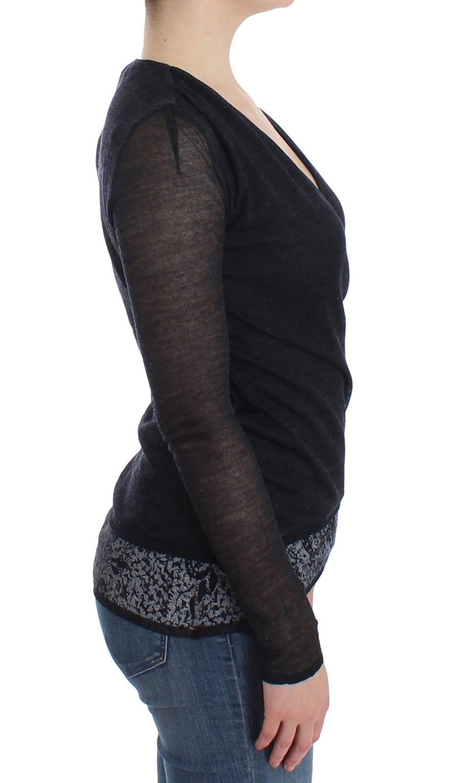 Schwarzer Wollmischung Stretch-Langarmpullover