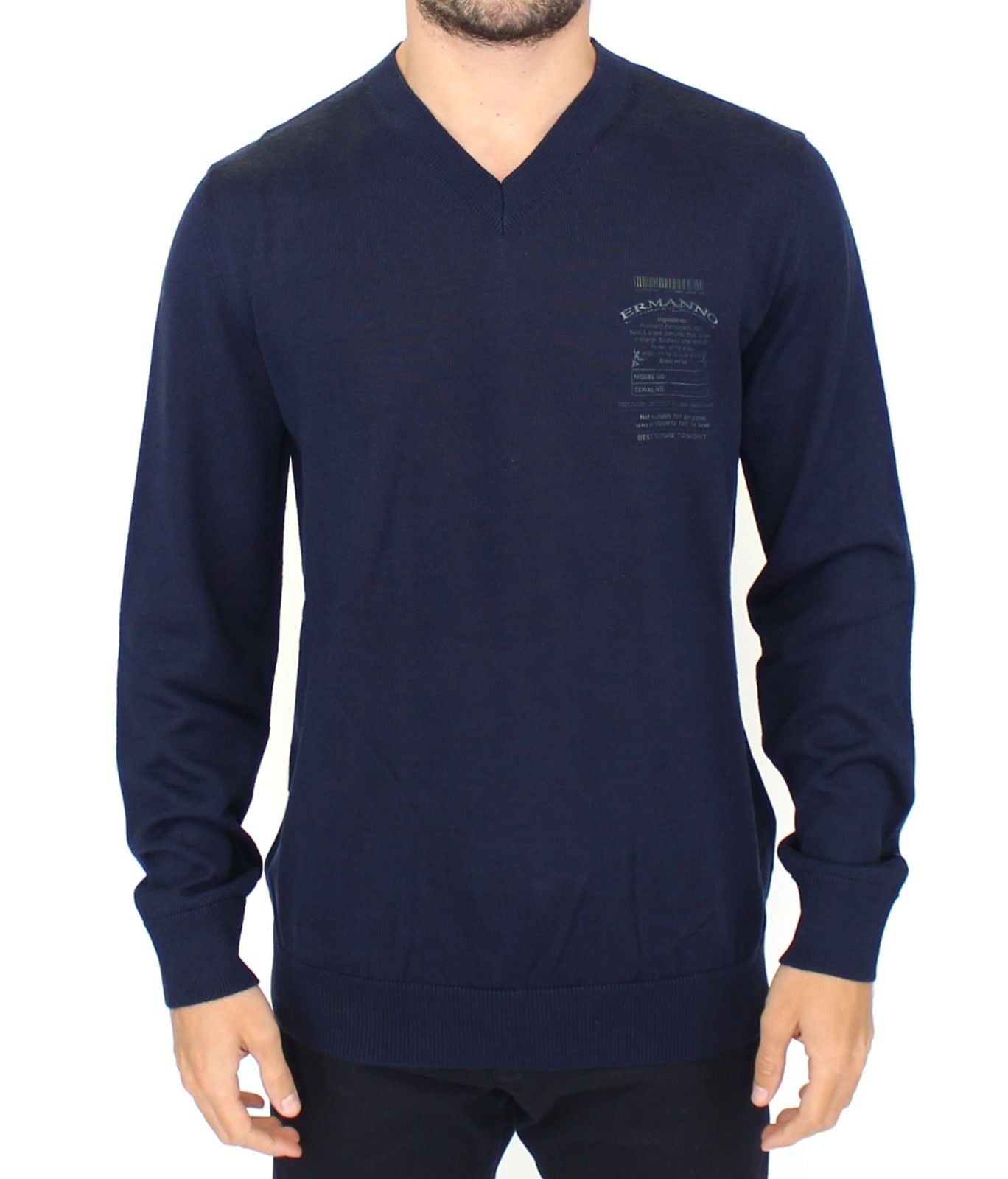 Blauer Pullover mit V-Ausschnitt aus einer Wollmischung