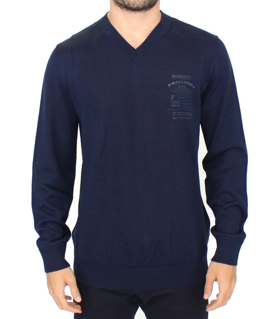 Blauer Pullover mit V-Ausschnitt aus einer Wollmischung