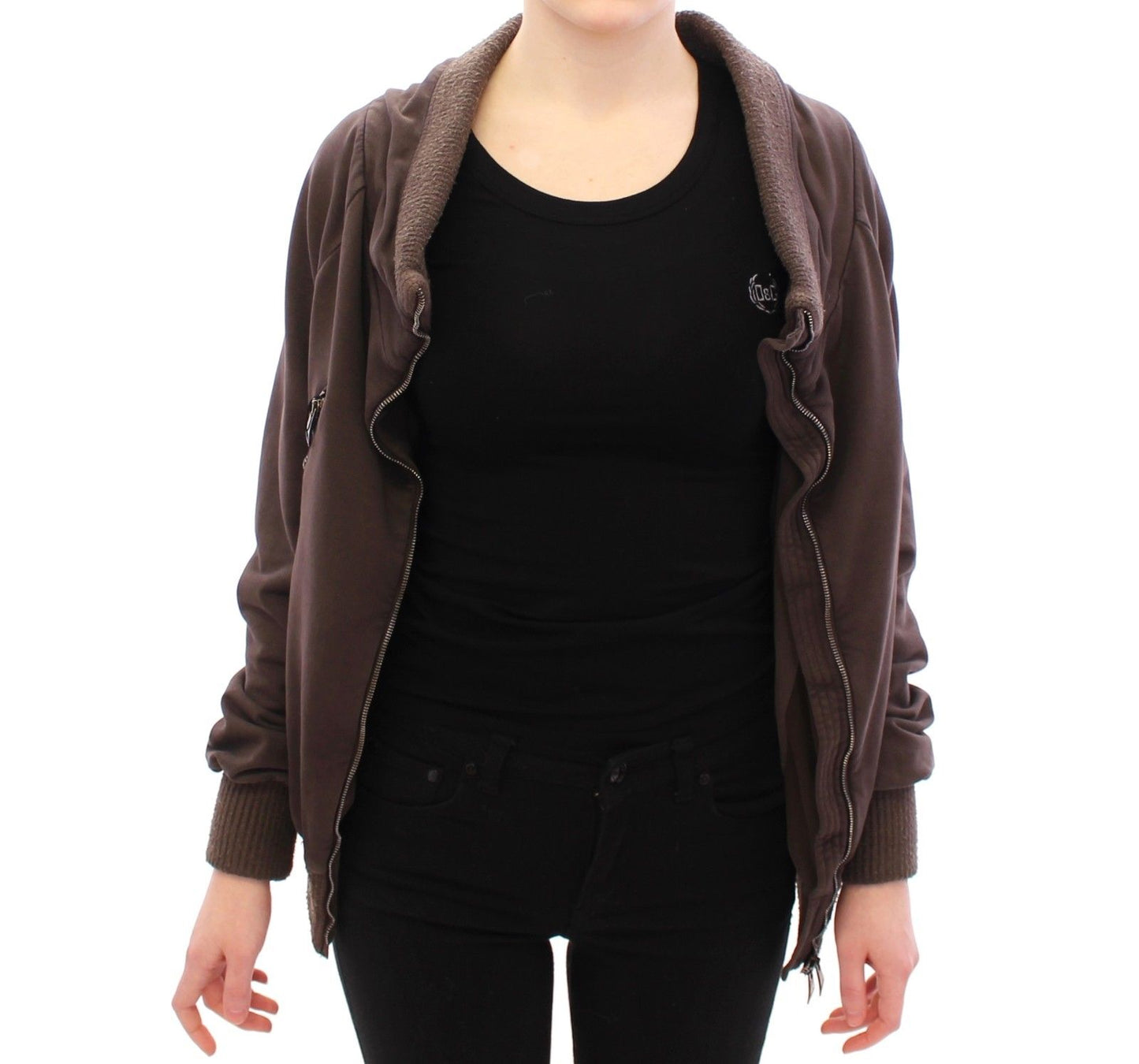 Braune Stretch-Pulloverjacke mit durchgehendem Reißverschluss