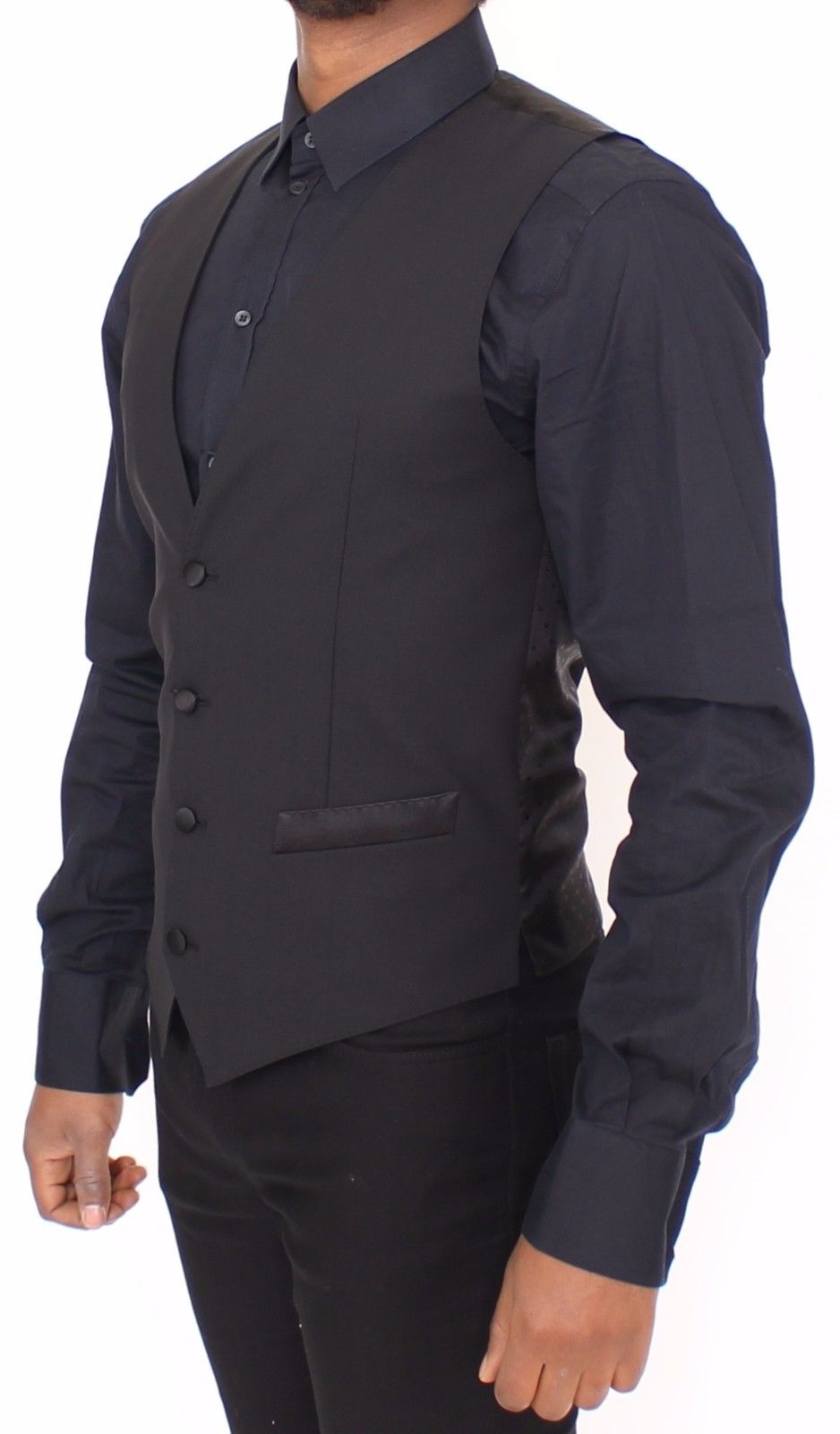 Schwarzes Wolle-Seide-Stretch-Kleid Weste Blazer