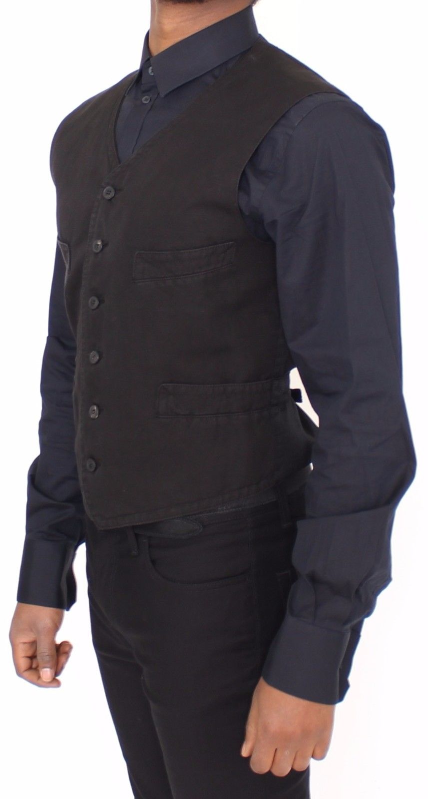 Schwarzes Flachs-Baumwollkleid Weste Blazer