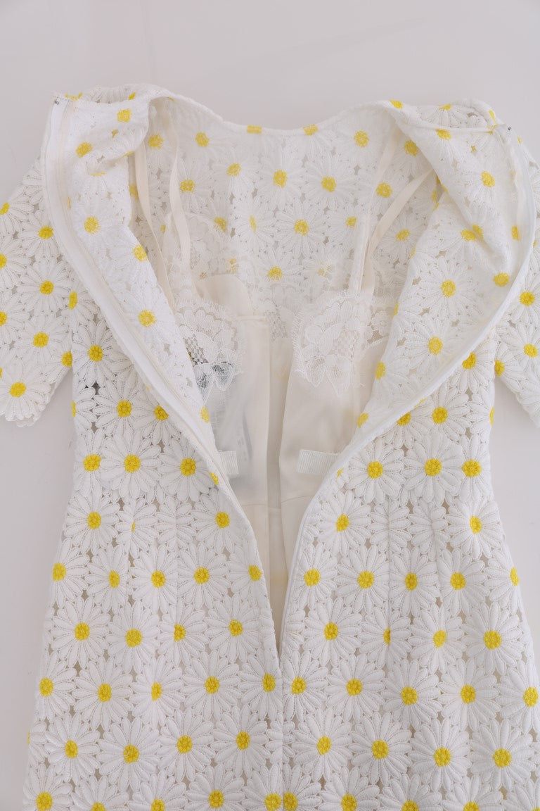 Weißes Sonnenblumen Ricamo Etuikleid