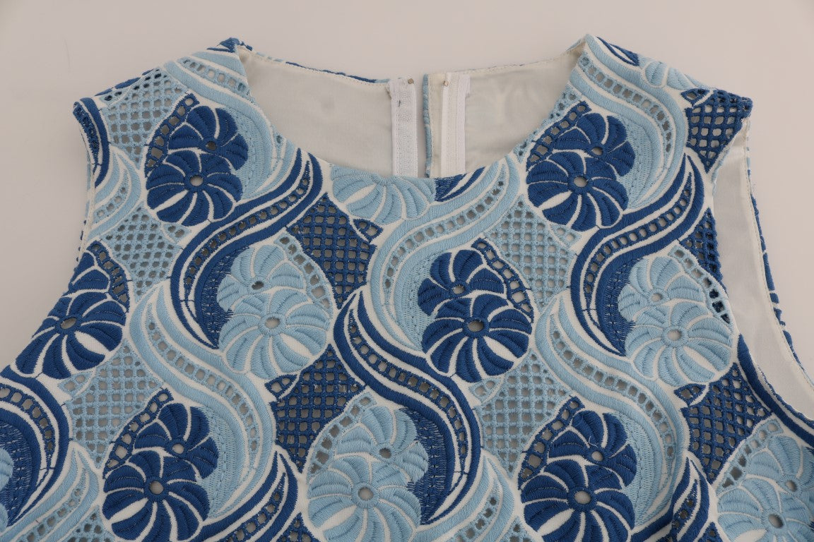 Blau Weiß Geblümtes Ricamo Etuikleid