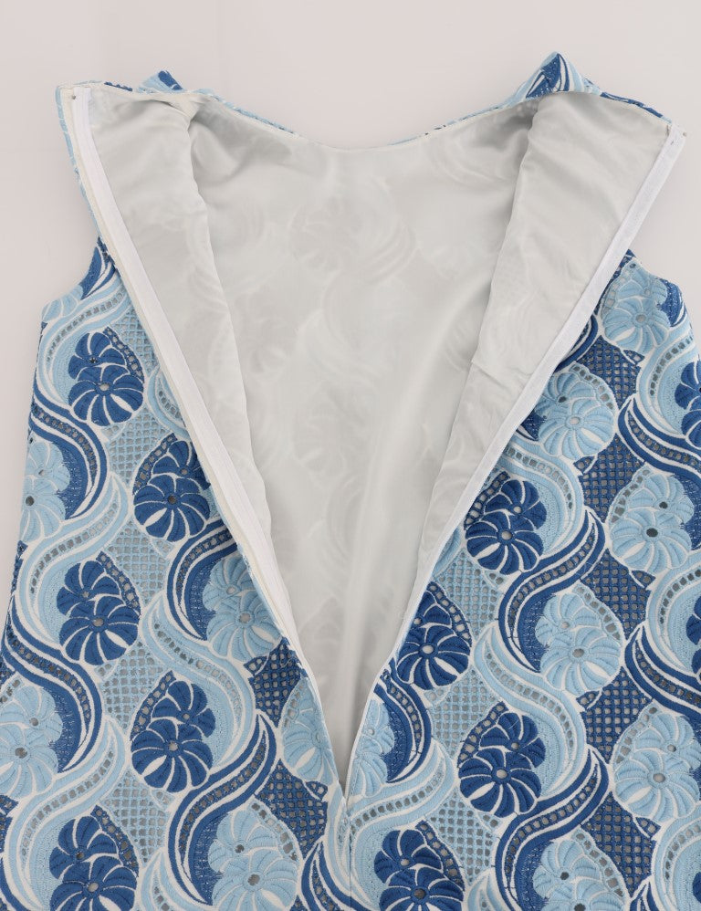 Blau Weiß Geblümtes Ricamo Etuikleid