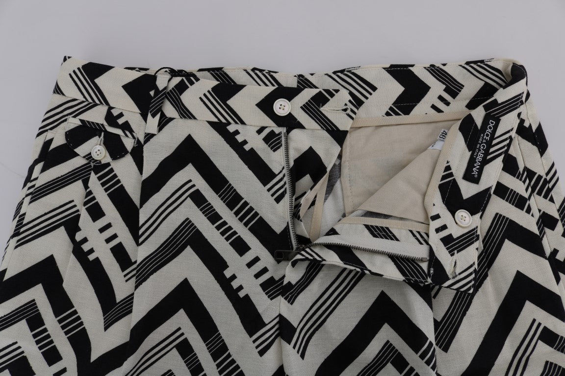 Weiß-schwarz gestreifte Baumwoll-Leinen-Shorts