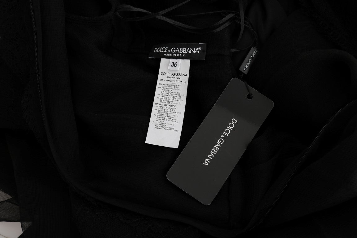 Schwarzes geblümtes Spitzen-Sektenkleid aus Seide