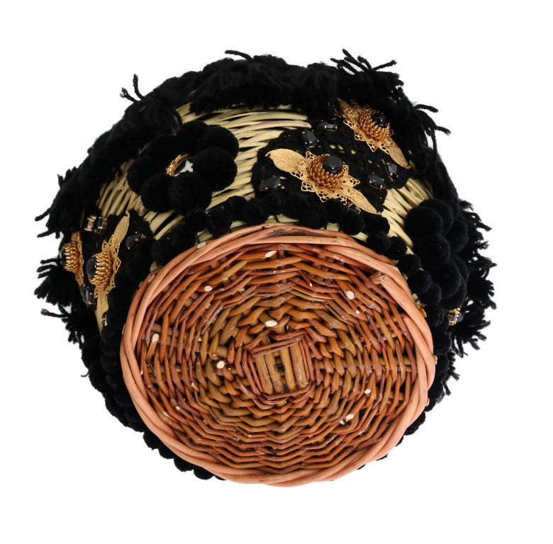 Beige Stroh Schlangenhaut Pom Pom Kristall AGNESE Tasche