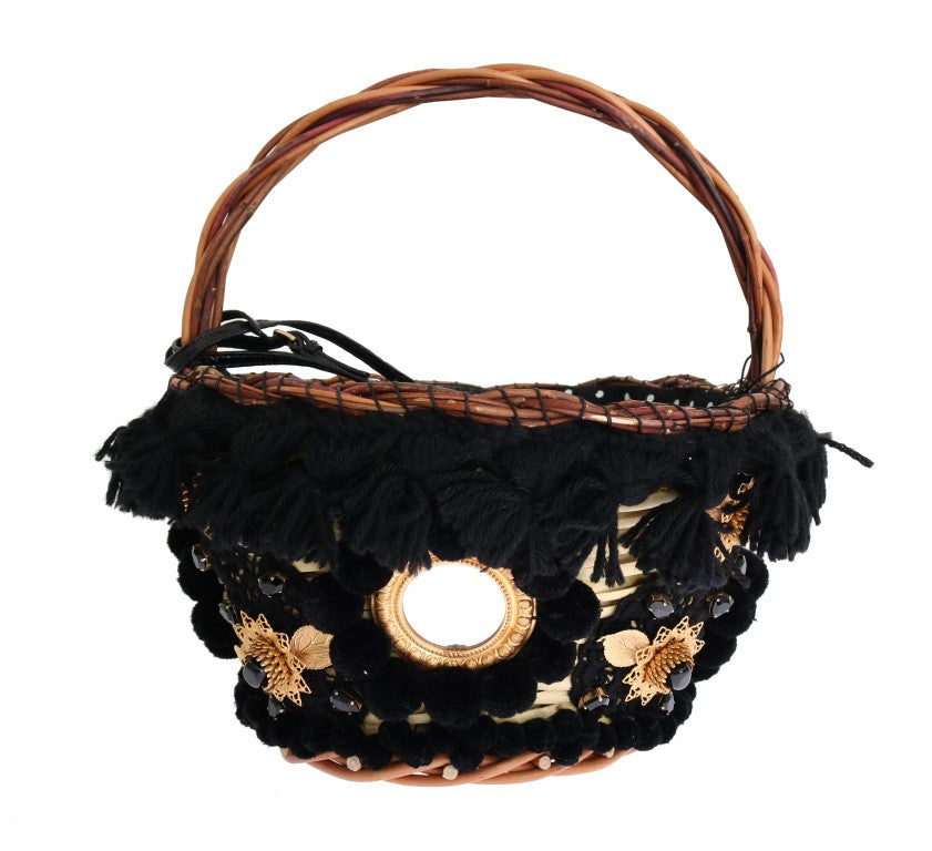 Beige Stroh Schlangenhaut Pom Pom Kristall AGNESE Tasche