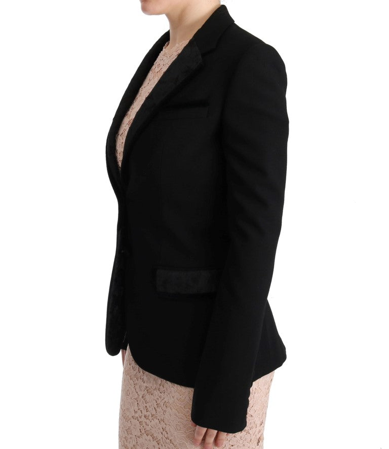 Schwarzer schmaler Blazer mit Blumen-Jacquard