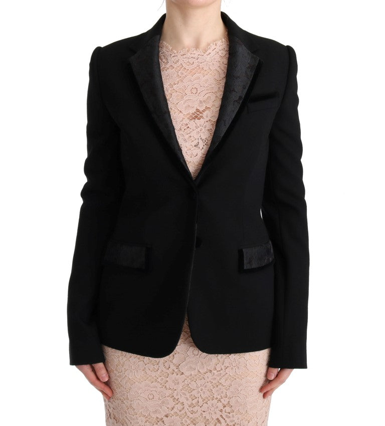 Schwarzer schmaler Blazer mit Blumen-Jacquard