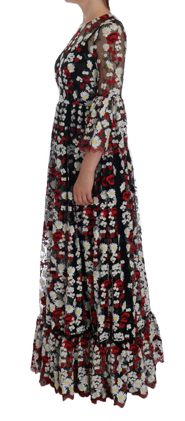 Schwarzes mit Kamille besticktes Rosenkleid