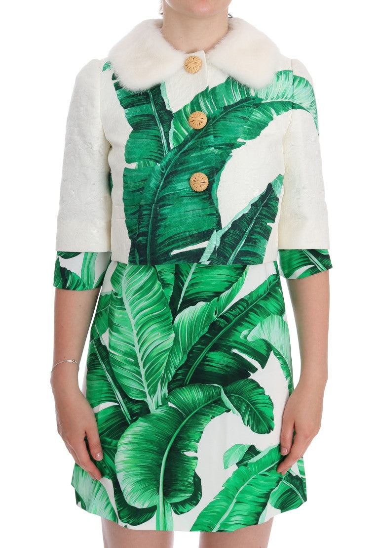 Weiße Brokat-Bananenblatt-Pelz Bolero-Jacke