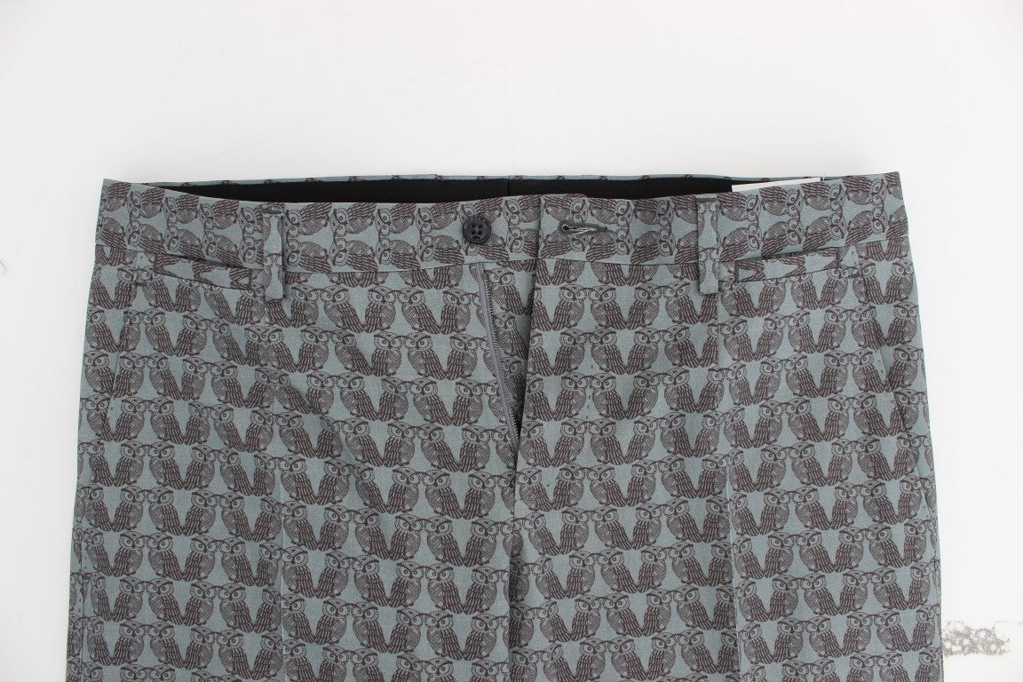 Blauer Woll-Anzug mit Eulen-Print Slim Fit 3 Stück Anzug