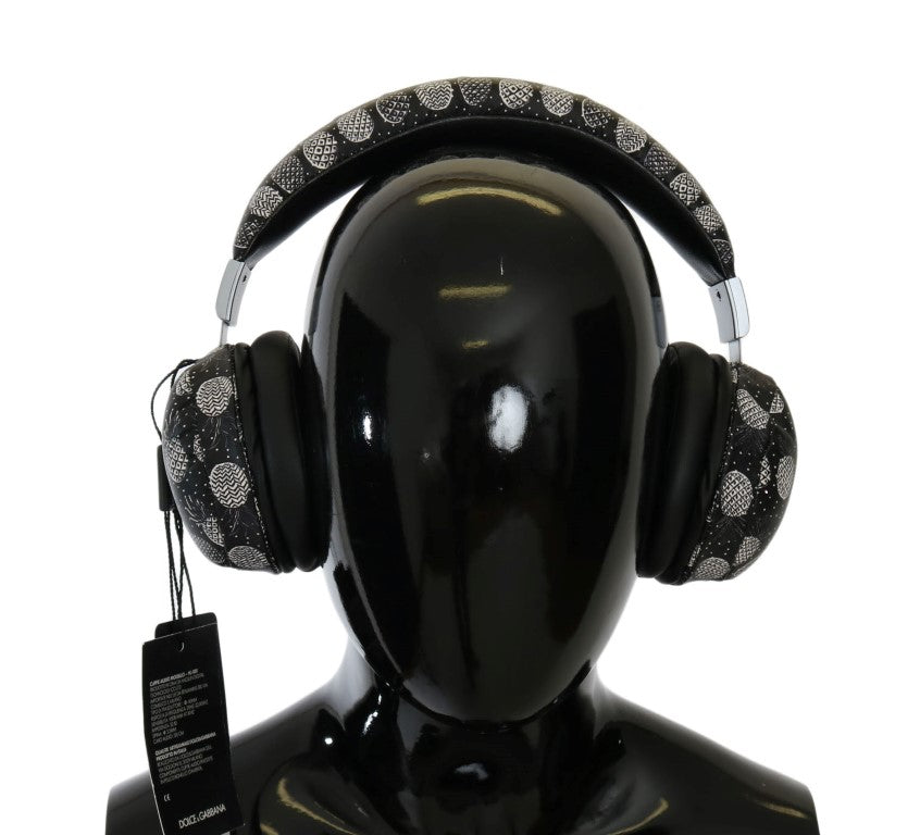 Schwarzer Kopfhörer mit Ananas-Print aus Leder