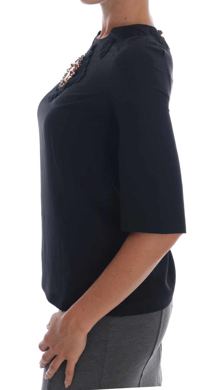 Schwarze Sacred Heart Top-Bluse mit Spitze