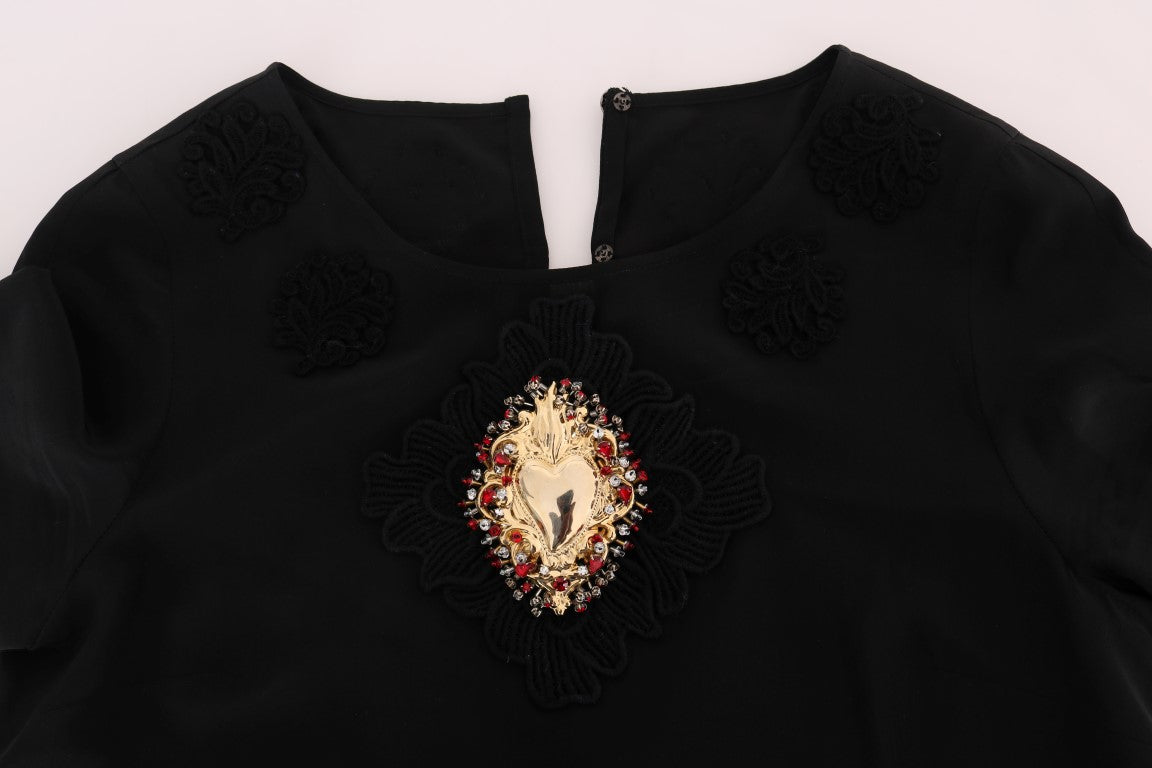 Schwarze Sacred Heart Top-Bluse mit Spitze