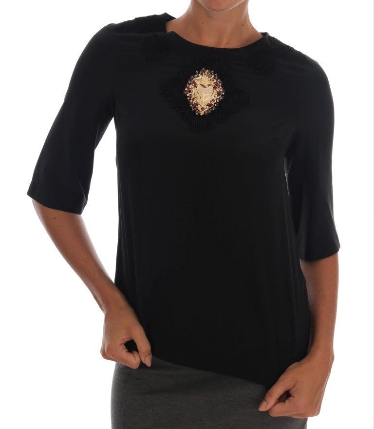 Schwarze Sacred Heart Top-Bluse mit Spitze