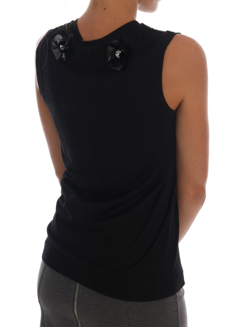 Schwarzes Baumwoll-Tank-Top mit geblümten Kristallen